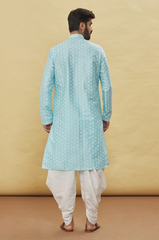 Blue printed art silk dhoti-kurta