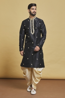 Black embroidered art silk dhoti-kurta