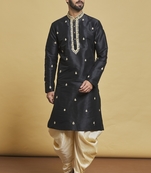 Black embroidered art silk dhoti-kurta