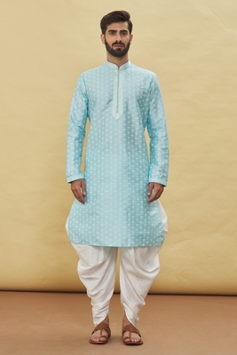 Blue printed art silk dhoti-kurta 3