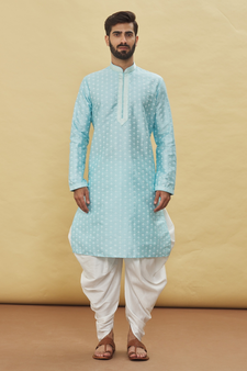 Blue printed art silk dhoti-kurta
