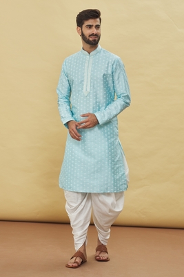 Blue printed art silk dhoti-kurta 4