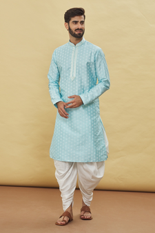 Blue printed art silk dhoti-kurta