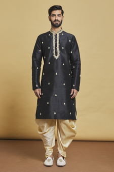 Black embroidered art silk dhoti-kurta