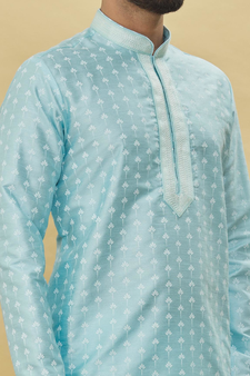 Blue printed art silk dhoti-kurta