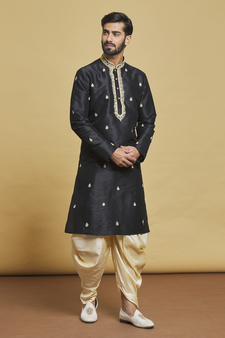 Black embroidered art silk dhoti-kurta