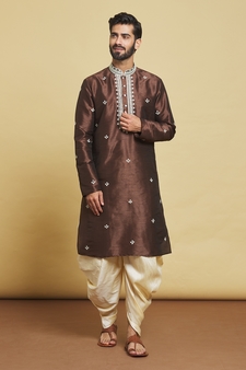 Brown embroidered art silk dhoti-kurta