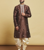 Brown embroidered art silk dhoti-kurta