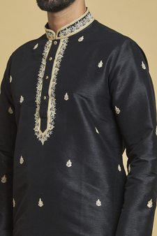 Black embroidered art silk dhoti-kurta