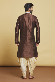 Brown embroidered art silk dhoti-kurta