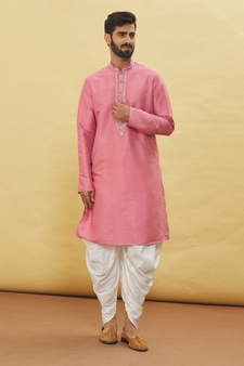 Pink embroidered art silk dhoti-kurta