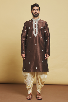 Brown embroidered art silk dhoti-kurta