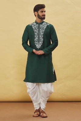 Green embroidered art silk dhoti-kurta 1