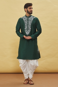 Green embroidered art silk dhoti-kurta