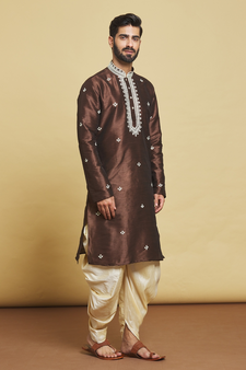 Brown embroidered art silk dhoti-kurta