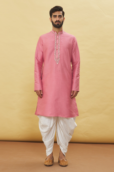 Pink embroidered art silk dhoti-kurta