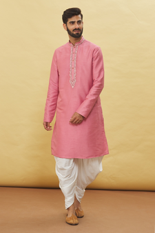 Pink embroidered art silk dhoti-kurta