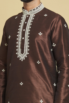 Brown embroidered art silk dhoti-kurta