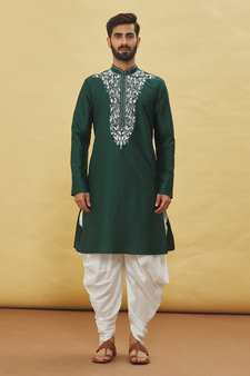 Green embroidered art silk dhoti-kurta