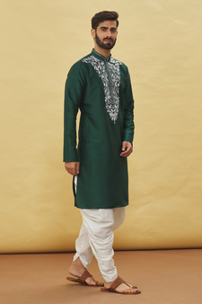 Green embroidered art silk dhoti-kurta