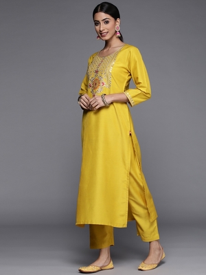 Alluring Cotton Fabric Round Neck Embroidered Kurta With Trousers & Dupatta Set 3