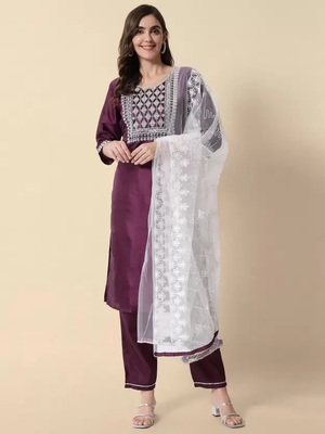 Embroidered Kurta With Trousers & Dupatta Set With Cotton Fabric 1