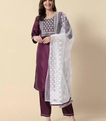 Embroidered Kurta With Trousers & Dupatta Set With Cotton Fabric