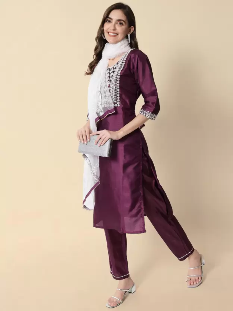 Embroidered Kurta With Trousers & Dupatta Set With Cotton Fabric