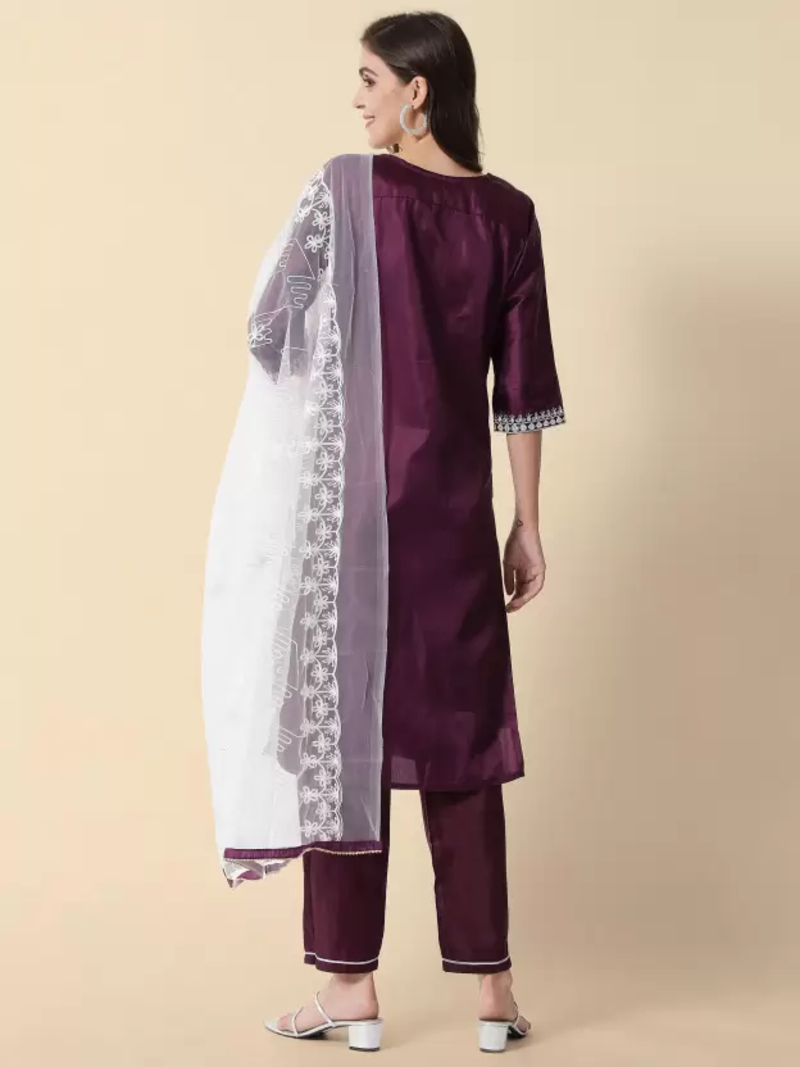 Embroidered Kurta With Trousers & Dupatta Set With Cotton Fabric