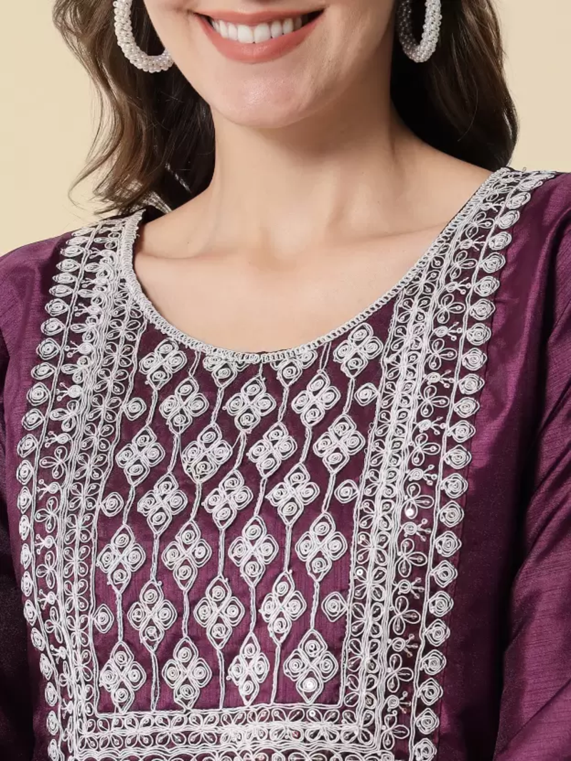 Embroidered Kurta With Trousers & Dupatta Set With Cotton Fabric