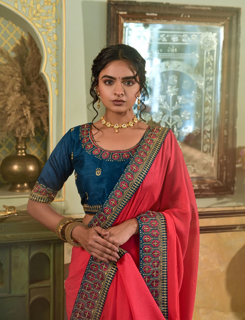 Embroidery Work Vichitra Silk Fabric With Embroidery Work Lace Work