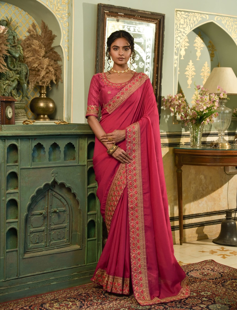 Embroidery Work Vichitra Silk Fabric With Embroidery Work Lace Work Saree
