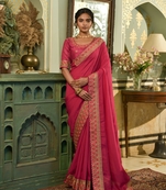 Embroidery Work Vichitra Silk Fabric With Embroidery Work Lace Work Saree