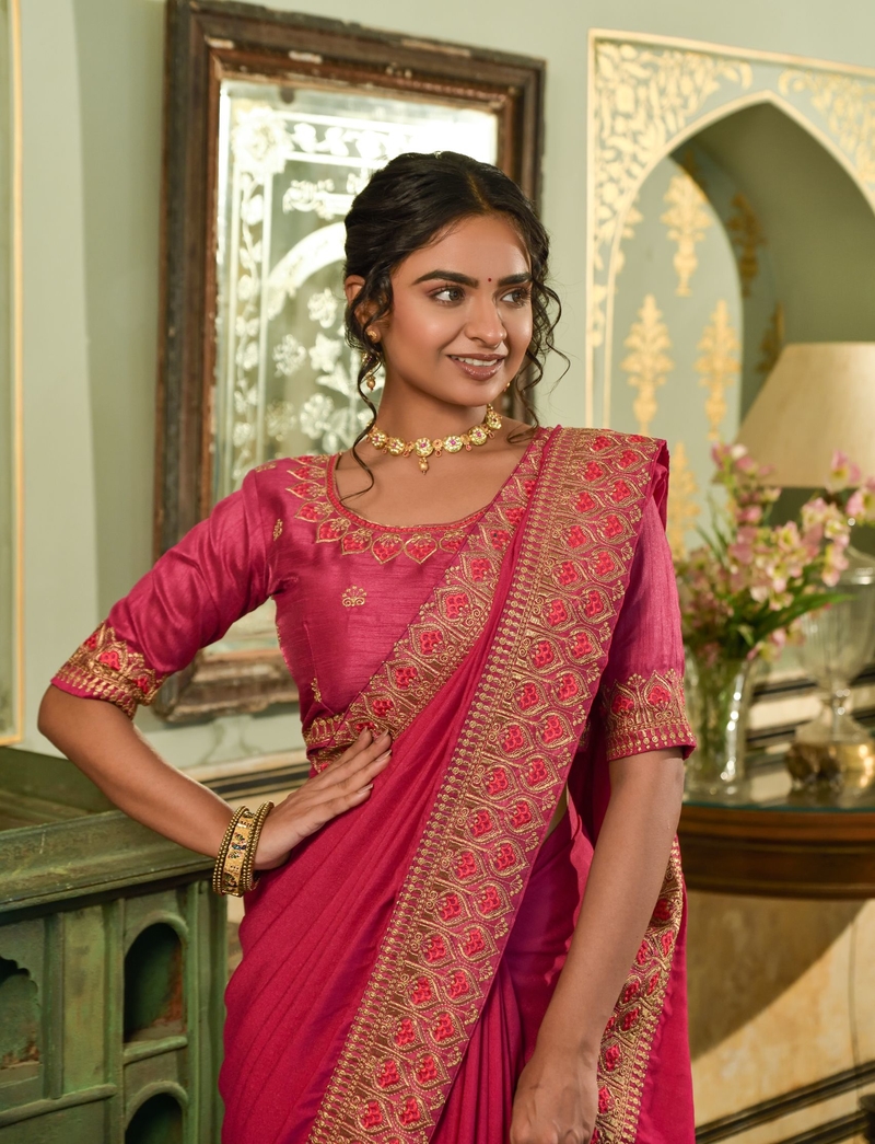 Embroidery Work Vichitra Silk Fabric With Embroidery Work Lace Work Saree