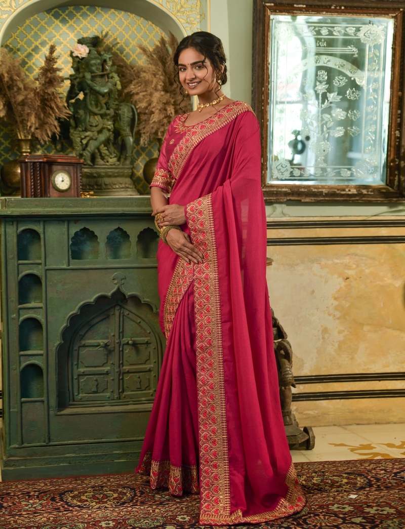 Embroidery Work Vichitra Silk Fabric With Embroidery Work Lace Work Saree