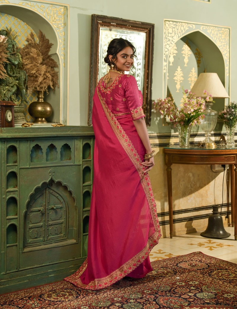 Embroidery Work Vichitra Silk Fabric With Embroidery Work Lace Work Saree