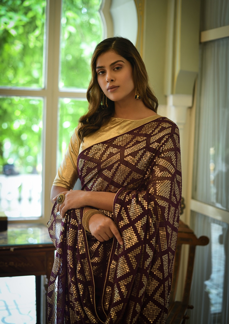 Sequins Embroidered Work With Georgette Fabric Designer Saree