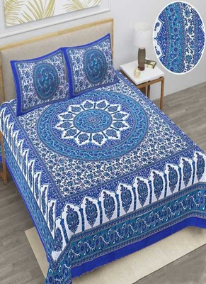 Jaipuri Dark Blue Color Flower Print 100% Cotton Double Bedsheet 1