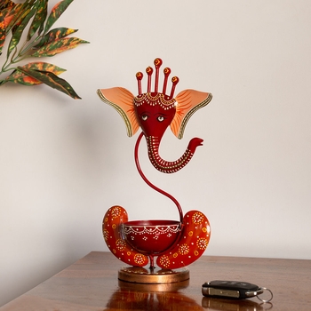 Trinity Craft Iron Red Painted Ganesha Tea Light |Table Decor | Wall Decor | Table showpiece | Home Showpiece 1