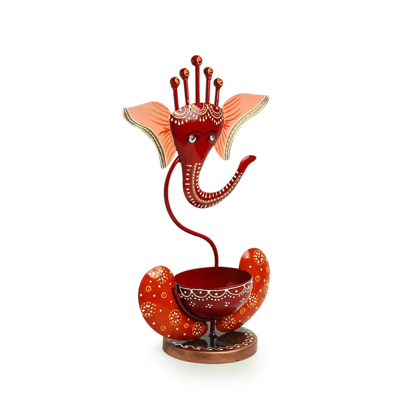Trinity Craft Iron Red Painted Ganesha Tea Light |Table Decor | Wall Decor | Table showpiece | Home Showpiece