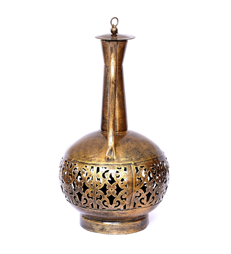 Trinity Craft Iron Small Golden Polished Surai Diya Candle Lantern T-Light Holder | Table Decor | Table Showpiece