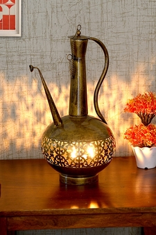 Trinity Craft Iron Big Golden Polished Surai Diya Candle Lantern T-Light Holder | Table Decor | Table Showpiece