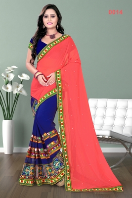 Blue embroidered georgette saree with blouse 1