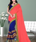Blue embroidered georgette saree with blouse
