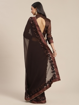 Brown plain georgette saree with blouse 2