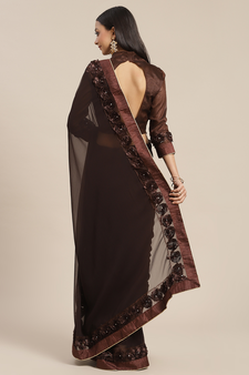 Brown plain georgette saree with blouse