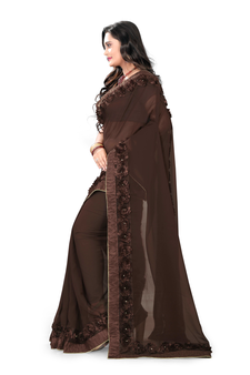 Brown plain georgette saree with blouse