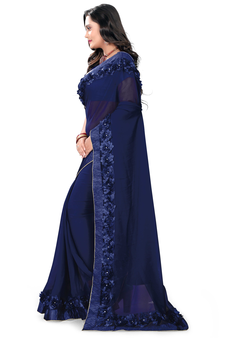 Dark royal blue plain georgette saree with blouse