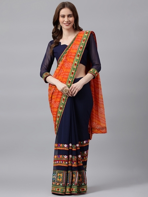 Dark royal blue embroidered georgette saree with blouse 1