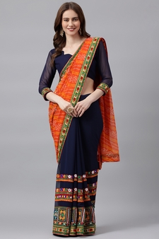 Dark royal blue embroidered georgette saree with blouse